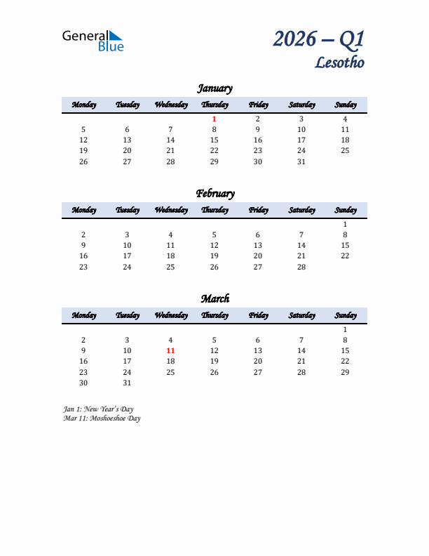 January, February, and March Calendar for Lesotho with Monday Start