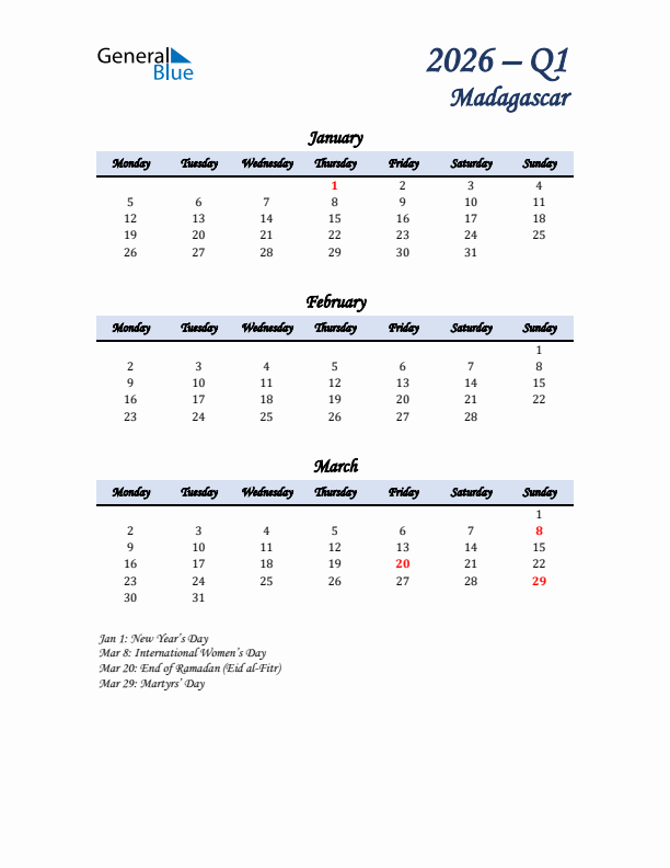 January, February, and March Calendar for Madagascar with Monday Start