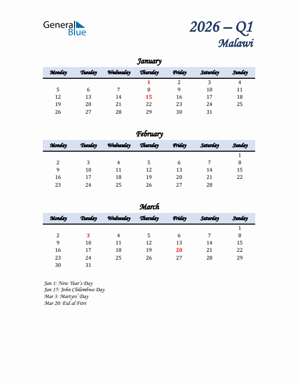 January, February, and March Calendar for Malawi with Monday Start