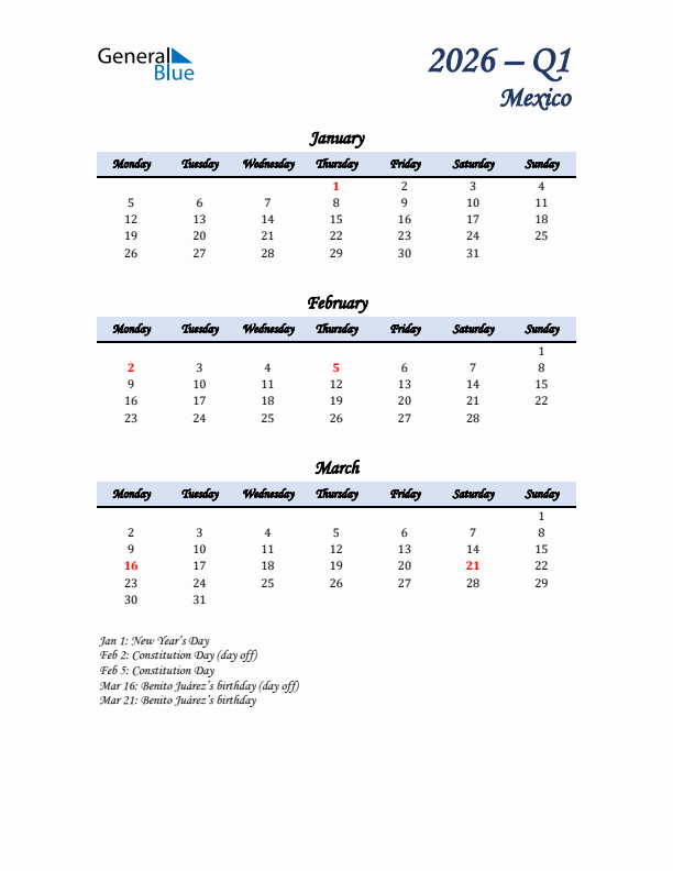 January, February, and March Calendar for Mexico with Monday Start