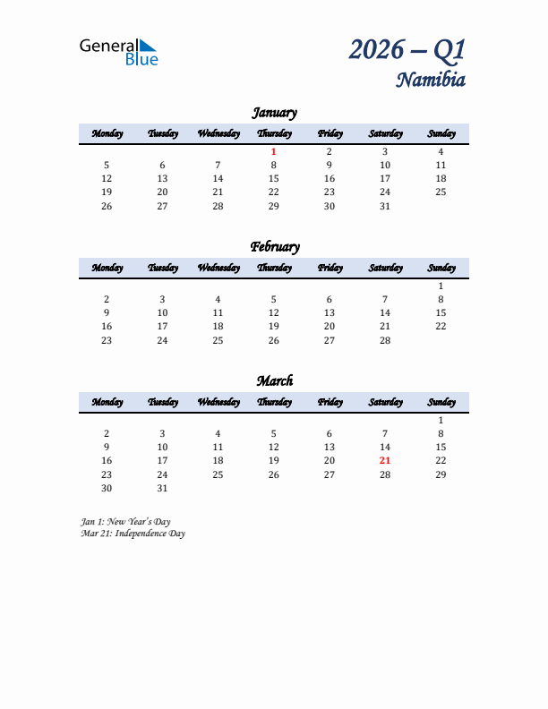 January, February, and March Calendar for Namibia with Monday Start