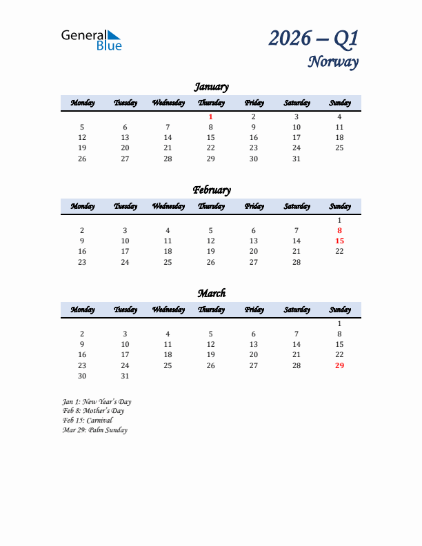 January, February, and March Calendar for Norway with Monday Start