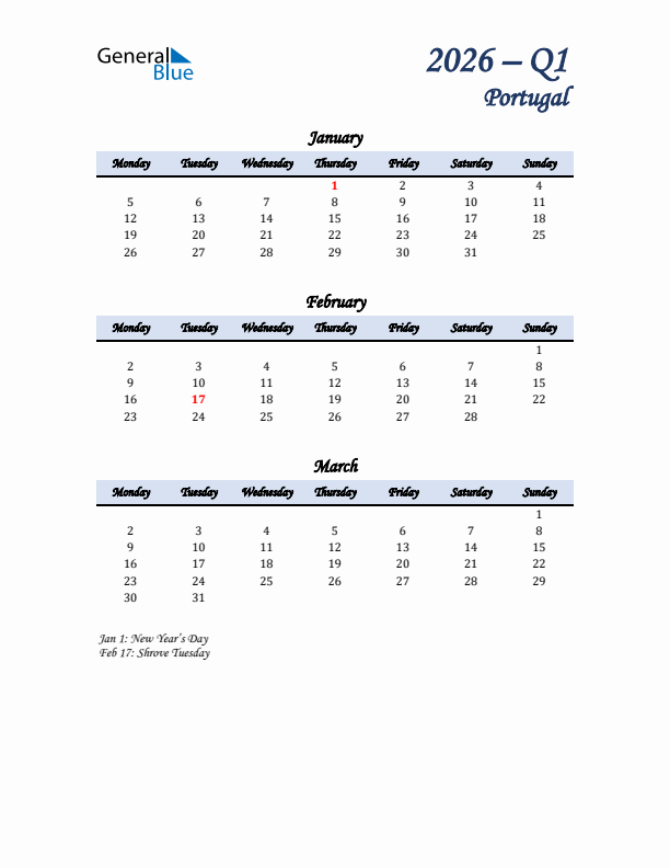 January, February, and March Calendar for Portugal with Monday Start