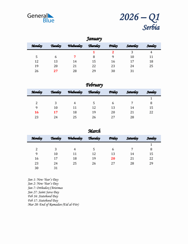 January, February, and March Calendar for Serbia with Monday Start