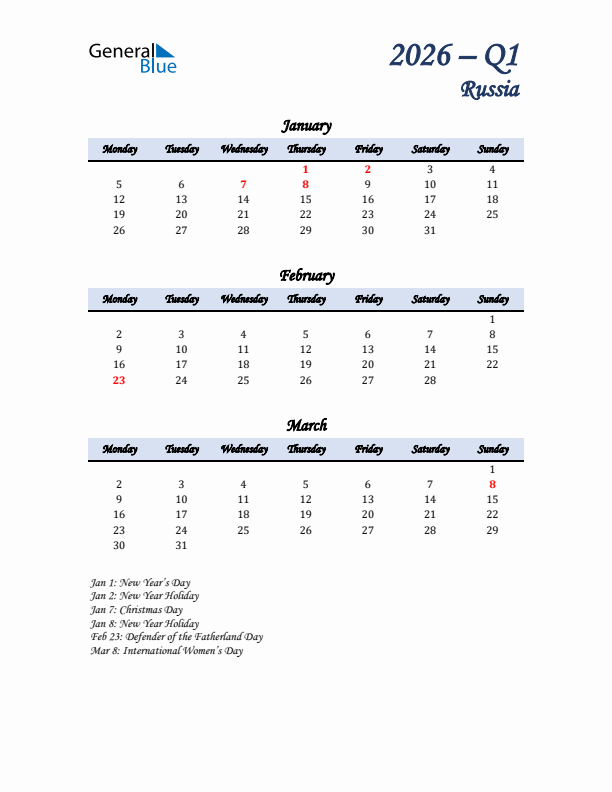 January, February, and March Calendar for Russia with Monday Start