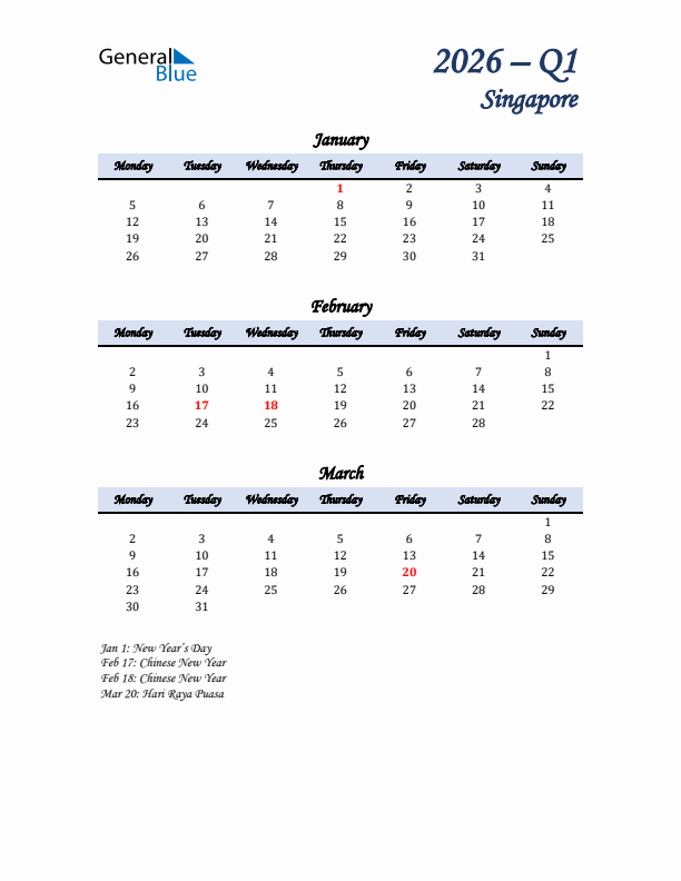 January, February, and March Calendar for Singapore with Monday Start