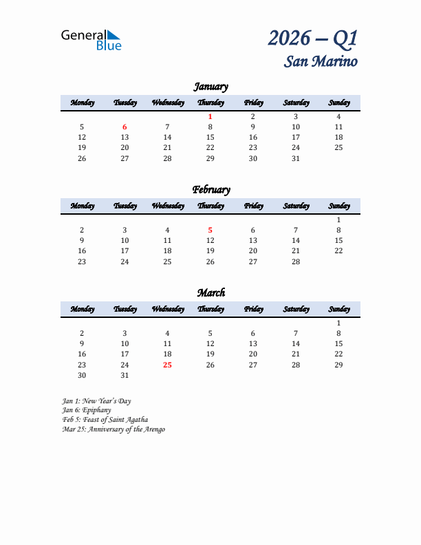 January, February, and March Calendar for San Marino with Monday Start