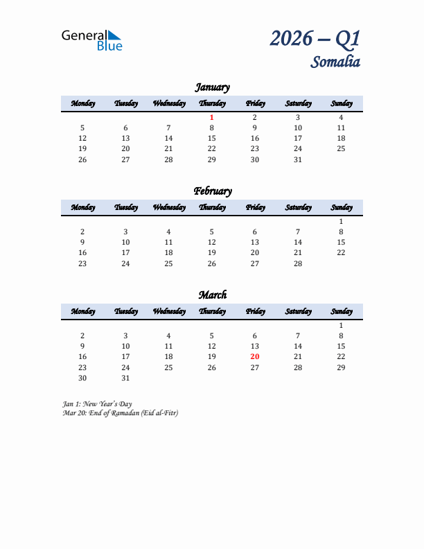 January, February, and March Calendar for Somalia with Monday Start