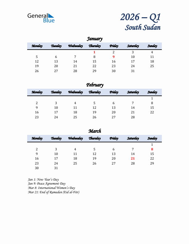 January, February, and March Calendar for South Sudan with Monday Start