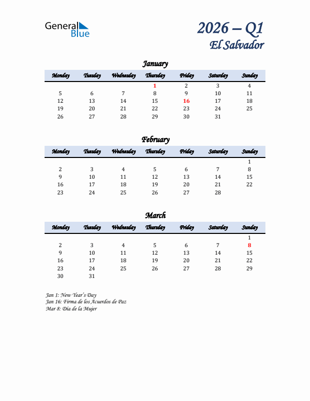 January, February, and March Calendar for El Salvador with Monday Start