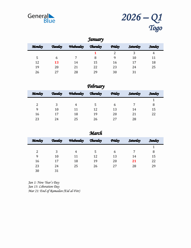 January, February, and March Calendar for Togo with Monday Start