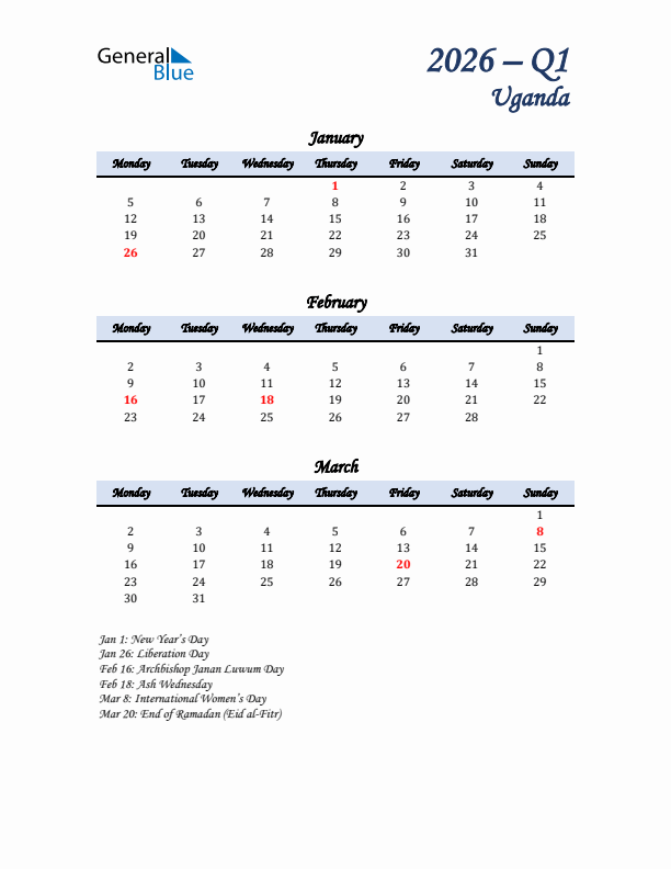 January, February, and March Calendar for Uganda with Monday Start