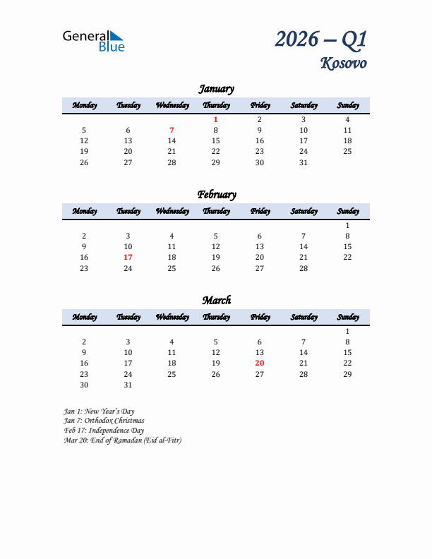 January, February, and March Calendar for Kosovo with Monday Start