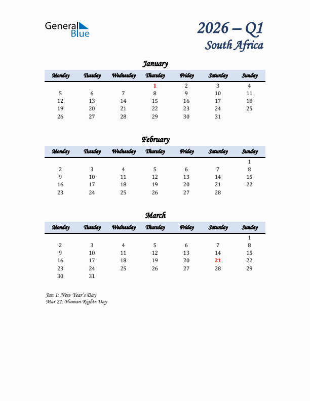 January, February, and March Calendar for South Africa with Monday Start