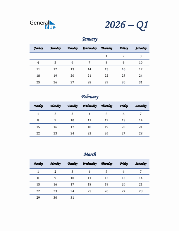 Sunday Start 2026 Quarterly Calendar