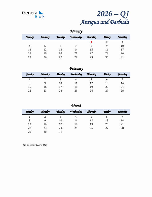 January, February, and March Calendar for Antigua and Barbuda with Sunday Start