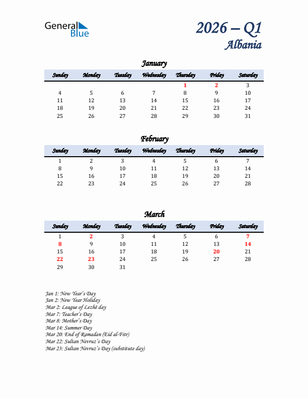 January, February, and March Calendar for Albania with Sunday Start