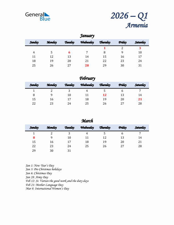 January, February, and March Calendar for Armenia with Sunday Start