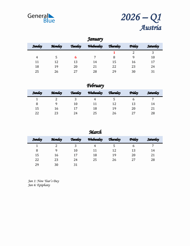 January, February, and March Calendar for Austria with Sunday Start