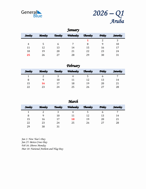 January, February, and March Calendar for Aruba with Sunday Start