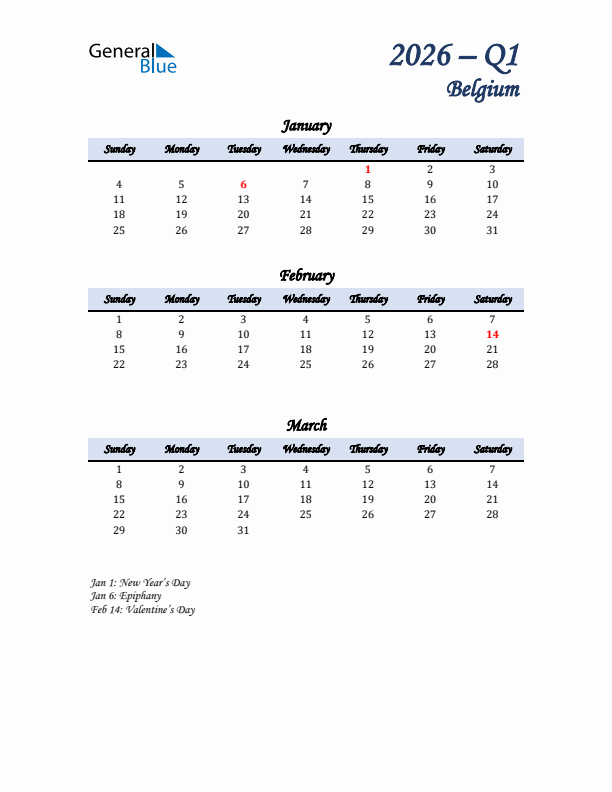 January, February, and March Calendar for Belgium with Sunday Start