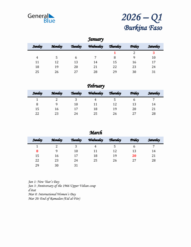 January, February, and March Calendar for Burkina Faso with Sunday Start