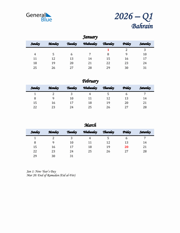 January, February, and March Calendar for Bahrain with Sunday Start