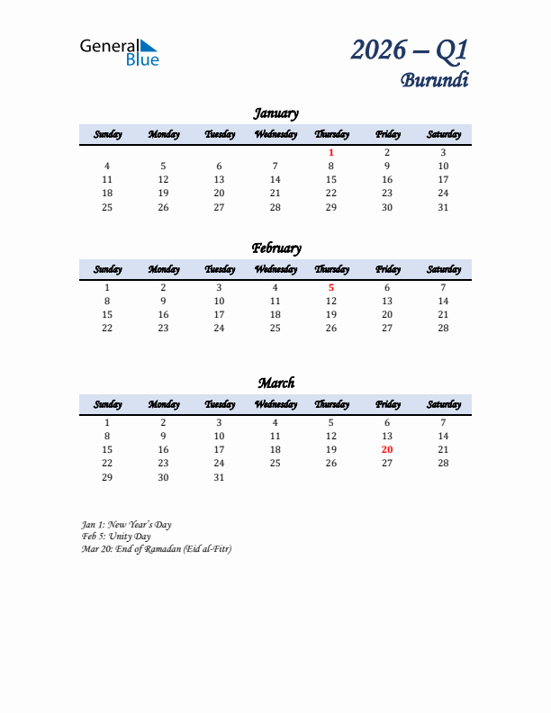 January, February, and March Calendar for Burundi with Sunday Start