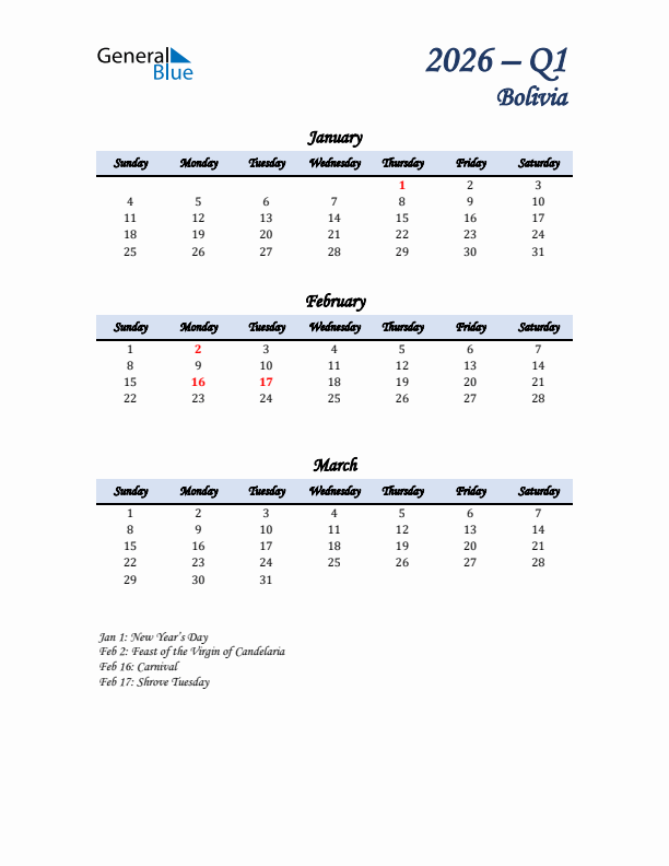 January, February, and March Calendar for Bolivia with Sunday Start
