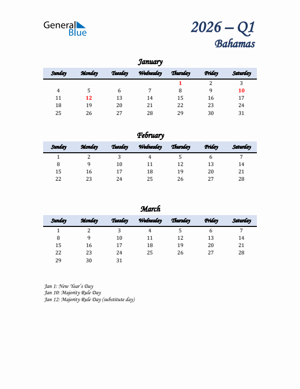 January, February, and March Calendar for Bahamas with Sunday Start