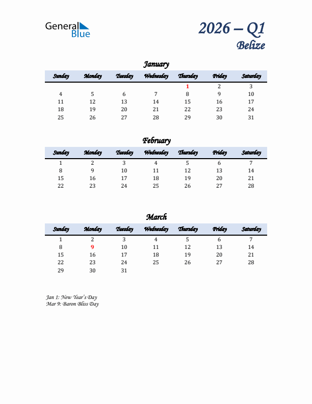 January, February, and March Calendar for Belize with Sunday Start