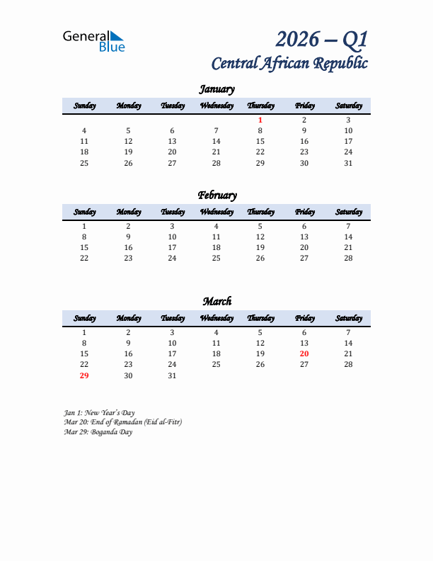 January, February, and March Calendar for Central African Republic with Sunday Start