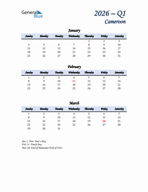 January, February, and March Calendar for Cameroon with Sunday Start