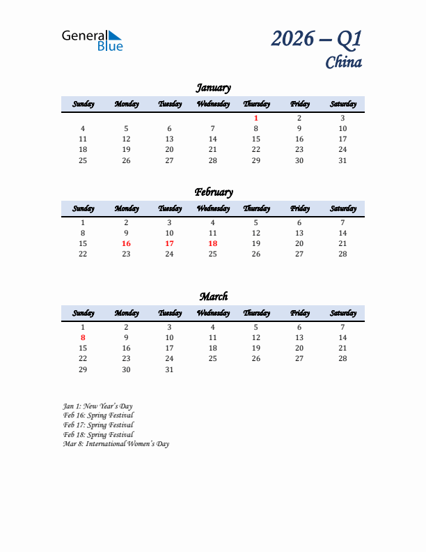 January, February, and March Calendar for China with Sunday Start