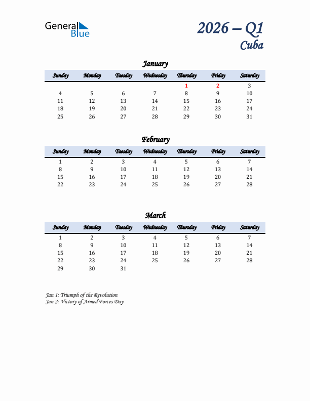 January, February, and March Calendar for Cuba with Sunday Start