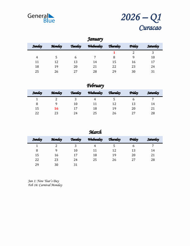 January, February, and March Calendar for Curacao with Sunday Start