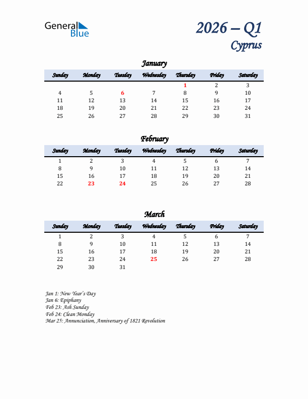 January, February, and March Calendar for Cyprus with Sunday Start