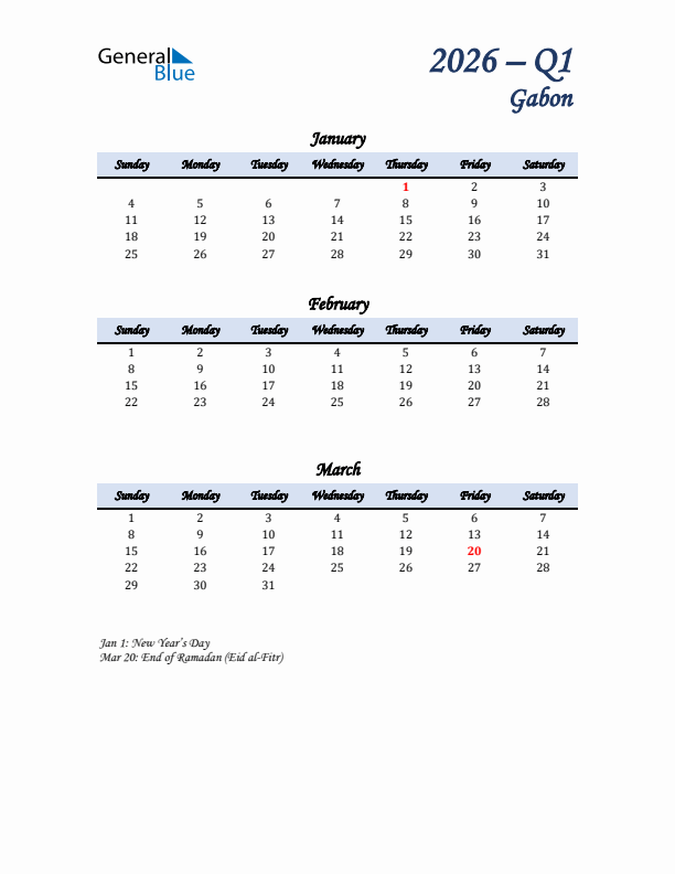 January, February, and March Calendar for Gabon with Sunday Start