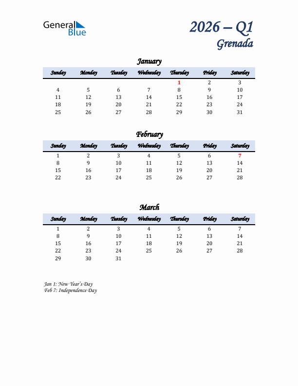 January, February, and March Calendar for Grenada with Sunday Start