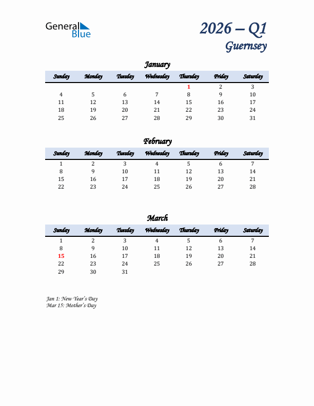 January, February, and March Calendar for Guernsey with Sunday Start