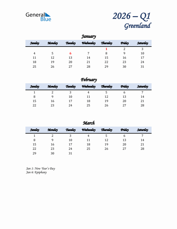 January, February, and March Calendar for Greenland with Sunday Start