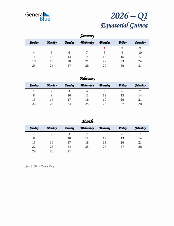 January, February, and March Calendar for Equatorial Guinea with Sunday Start