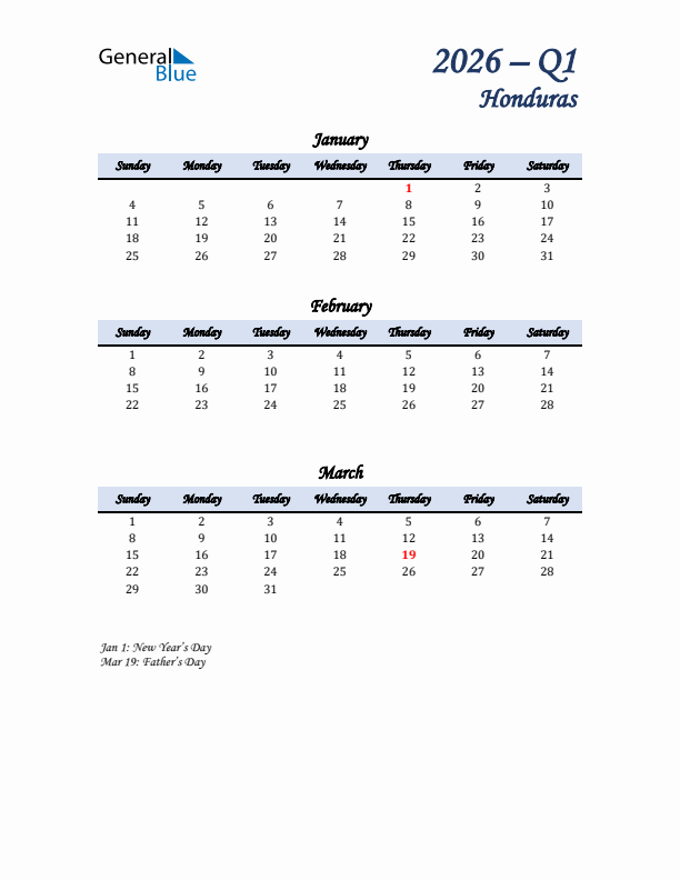 January, February, and March Calendar for Honduras with Sunday Start