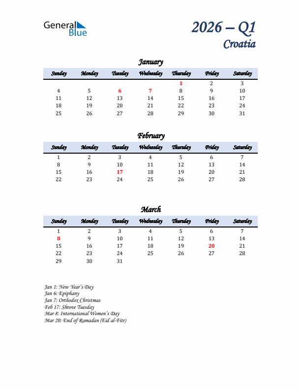 January, February, and March Calendar for Croatia with Sunday Start