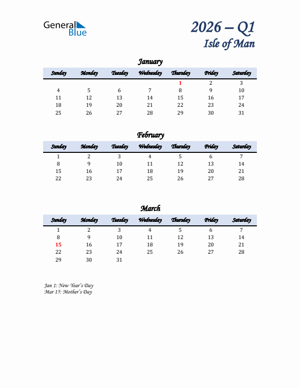 January, February, and March Calendar for Isle of Man with Sunday Start