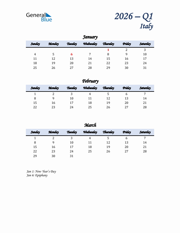 January, February, and March Calendar for Italy with Sunday Start