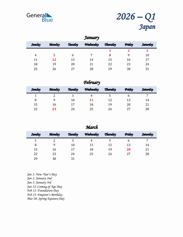 January, February, and March Calendar for Japan with Sunday Start