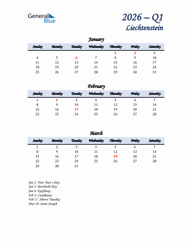 January, February, and March Calendar for Liechtenstein with Sunday Start