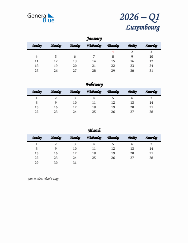 January, February, and March Calendar for Luxembourg with Sunday Start