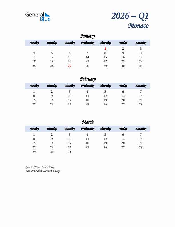 January, February, and March Calendar for Monaco with Sunday Start